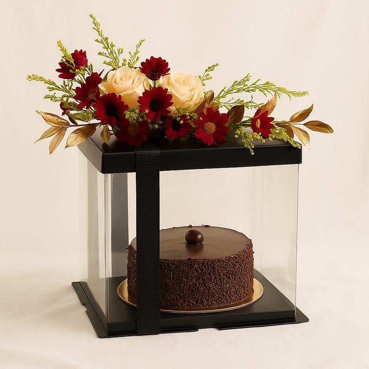 The Ultimate Decadence Duo: Chocolate Cake & Designer Floral Box